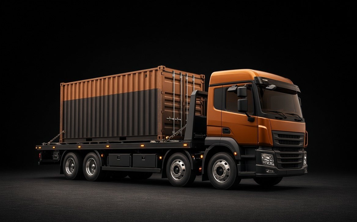 An orange truck carrying a shipping container