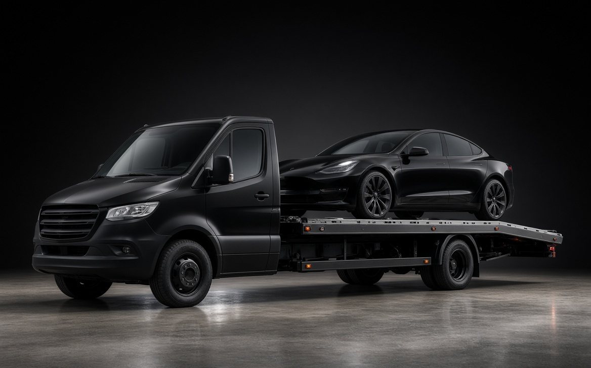 A black tilt tray truck carrying a black car