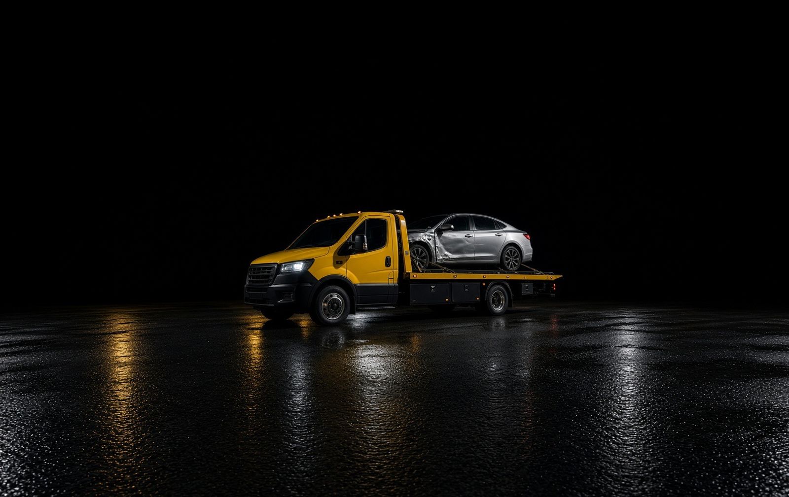 A yellow tow truck at night on a wet road, carrying a silver car with a crushed side